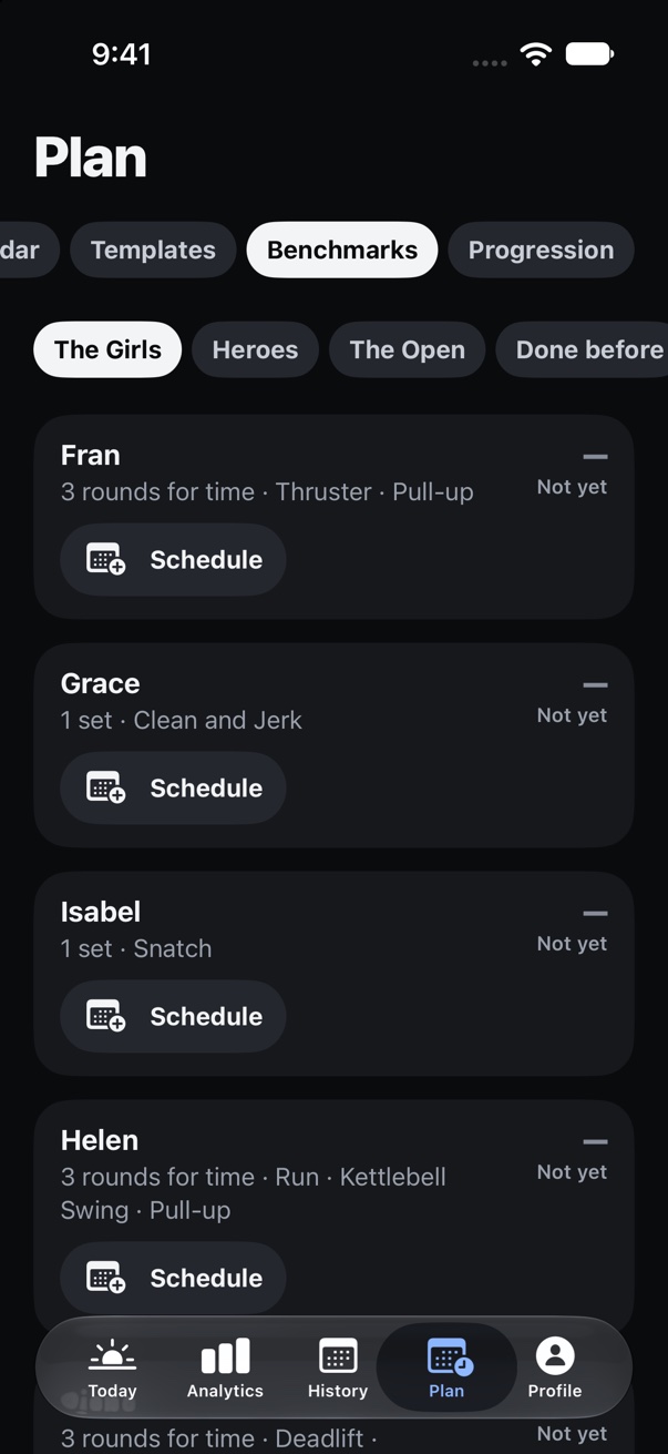 The iPhone app's benchmark library: Fran, Grace, Isabel and Helen, each ready to schedule