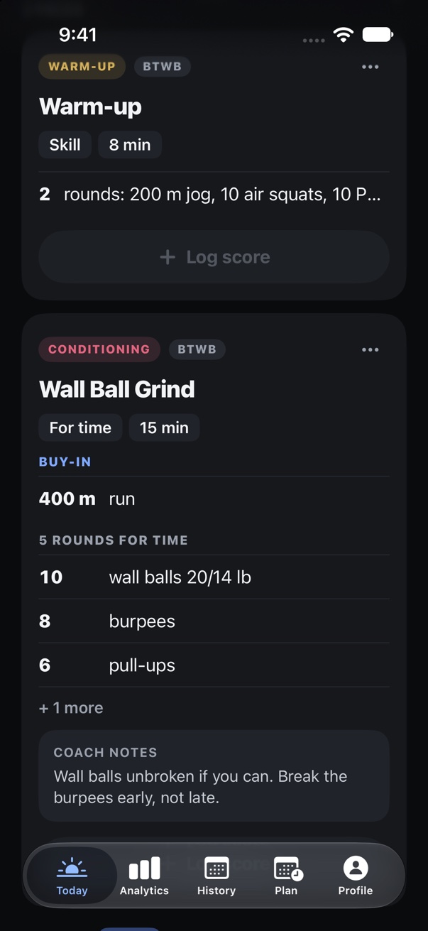 The iPhone app's Today screen: a conditioning piece from Beyond the Whiteboard with its movements and the coach's notes